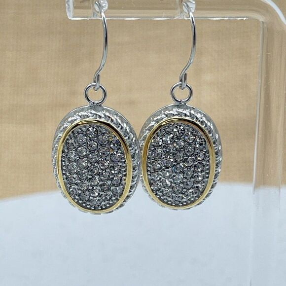Emma Skye Silver Tone Pave Crystal Drop Earrings Gold Tone Accent Oval Shape - Picture 3 of 9